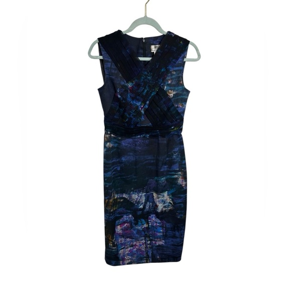 Erdem Sleeveless Abstract Blue  Sheath Pencil Dress Sz 6 Silk Detail Designer - Picture 1 of 16